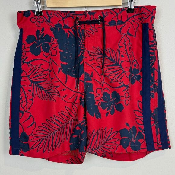 Vintage Polo Ralph Lauren Red Navy Floral Swim Trunks L (33" Waist) - Picture 1 of 9